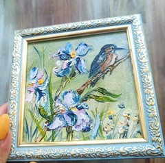 Original Oil Painting Irises Kingfisher Art Miniature Framed Art 4×4 in