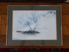 Row boat In Marsh. Watercolor bato. Double matted and framed. 15″x20.5″