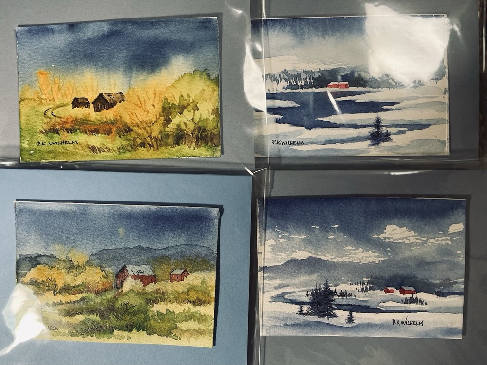 Pamela Wilhelm Set Of FOUR Original Landscape Watercolors 2.75”x4” Winter Summer