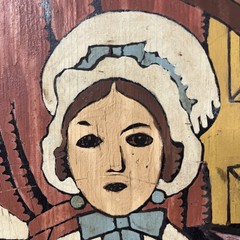 Vintage Primitive american folk art painting on wood Mom/baby/cat/toy/flower