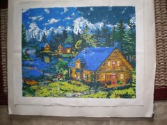 Lake Scene Hand Painted By Number Oil Painting on Canvas Completed 16 x 20