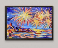 Original Bold 11×14 Impressionist Fireworks Painting Acrylic Canvas Signed Decor