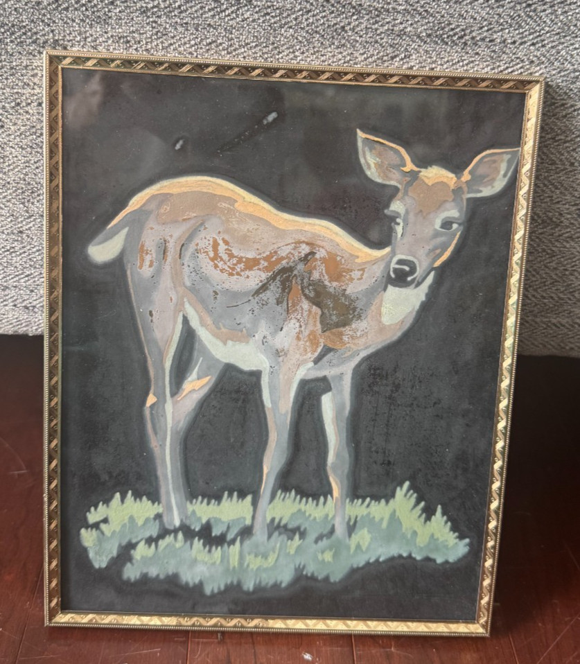 Vintage Mid-Century Modern Hand-Painted Silk Deer Painting 1950s MCM Gold Frame