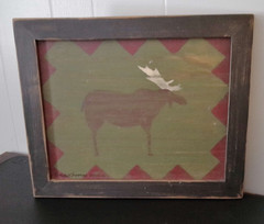 Artist Signed Folk Art Panel Painting Moose on Wood