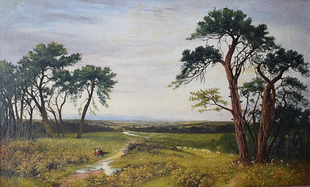 ACROSS HEATHLAND TO HILLS BEYOND ANTIQUE OIL PAINTING BRITISH SCHOOL c1880/1900