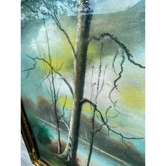 Antique Large Pastel Chalk Painting Mountain Lake Scene Gold Frame 32.5×20.5″