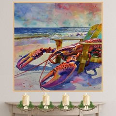 Watercolor Painting of a Lobster Relaxing in a Beach Chair by the Ocean Shore
