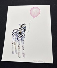 Original Watercolor Baby Zebra Pink Balloon Signed Susan Khovich 2015 Nursery