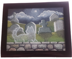 aceo original art painting framed ghost cat cemetery full moon tombstone