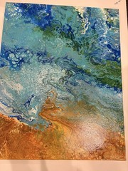 Acrylic Pour Painting of Ocean Scene in Blues & Gold on 15.5”x 19.5” Canvas