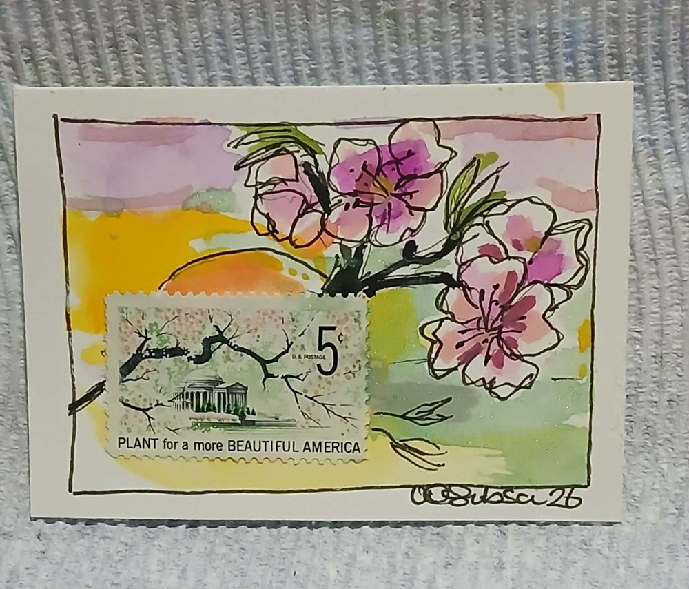 Postal Whimsy 5¢ Beautiful America Cherry Blossoms • OOAK Loose Watercolor ACEO