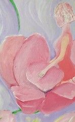 Magnolia.Morning dew. Acrylic painting in pink tones: flower and girl.