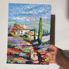 Lavender Field Cottage Painting Tuscany Landscape Original Oil Art