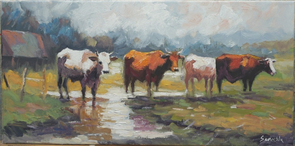 Sean Wu. Landscape, 10×20 original oil on stretched canvas, Cows