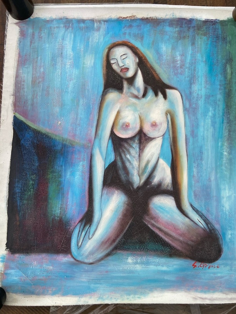 1990’s ORIGINAL OIL ON CANVAS ART PAINTING BLUE NUDE WOMAN SIGNED S GRANT