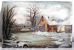 ANTIQUE FOLK ART OIL PAINTING VILLAGE BRIDGE RIVER SNOW WINTER LANDSCAPE PEOPLE
