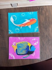ACEO Original Painting, Colorful Fish, Acrylic Marker Painting, Set of 2
