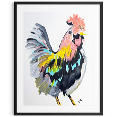 Original Hand Painted Chicken 9×12 Abstract Wall Art Acrylic Colorful Home Decor