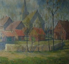 Jane Peterson Original Antique American Rural Village Landscape Oil Painting