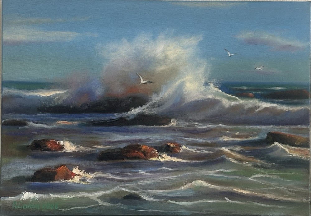 Oil Painting Seascape Waves Rocks Sea 35x50cm Canvas 13,7×19,6 Inch Wall Art