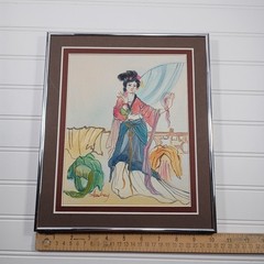 Vintage Signed Original Watercolor Paintings Asian Maiden Set of 2 Framed MCM