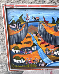 Vintage Tigua Folk Art Village Town Painting Sheepskin Canvas Ecuador 31×23″