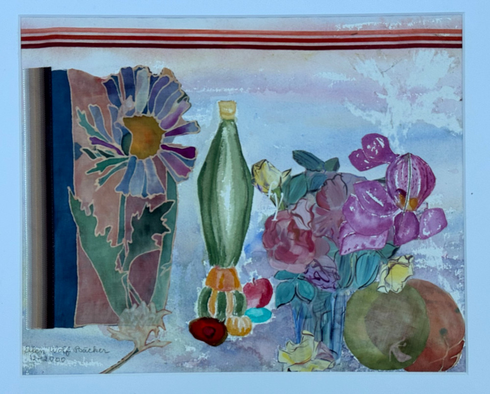 ELLEN WOLF BACKER SIGNED FLORAL PAINTING WATERCOLOR COLLAGE STILL LIFE ART 2000