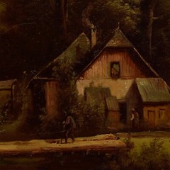 Ca 1850-1900 Old painting „Hunter’s Hut,“ oil, 21,4×17,3 in
