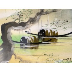 Vintage Vietnamese Silk Paintings Pair Framed River Village Boat Scenes Signed