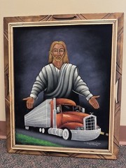 Trucker Jesus Black Velvet Painting 19×23″ Signed Truck Semi Religious Kitsch
