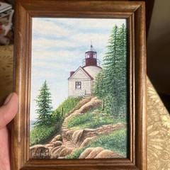 Signed Acrylic Painting Bass Harbor Lighthouse Acadia Maine 1977 Ronald Mitchell