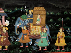 INDIAN ROYALTY INDIA ASIAN PAINTING MOGUL ELEPHANT CARAVAN PALACE GUARDS ON SILK