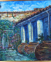 Original Hecto Vidal Oil Painting Tinajones, Colonial Patio Camaguey, Cuba 20×16