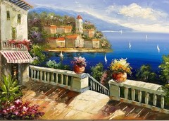 Oil Painting 24×36” Mediterranean floral terrace view, multicolor houses, boats