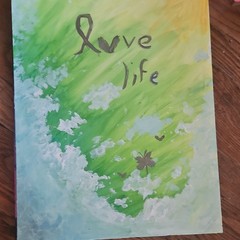 Love Life Abstract Nature Painting on Paper, Clouds & Butterflies, Unframed
