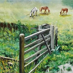 YARY DLUHOS Landscape Meadow Horses Equine Ranch Original Art Oil Painting