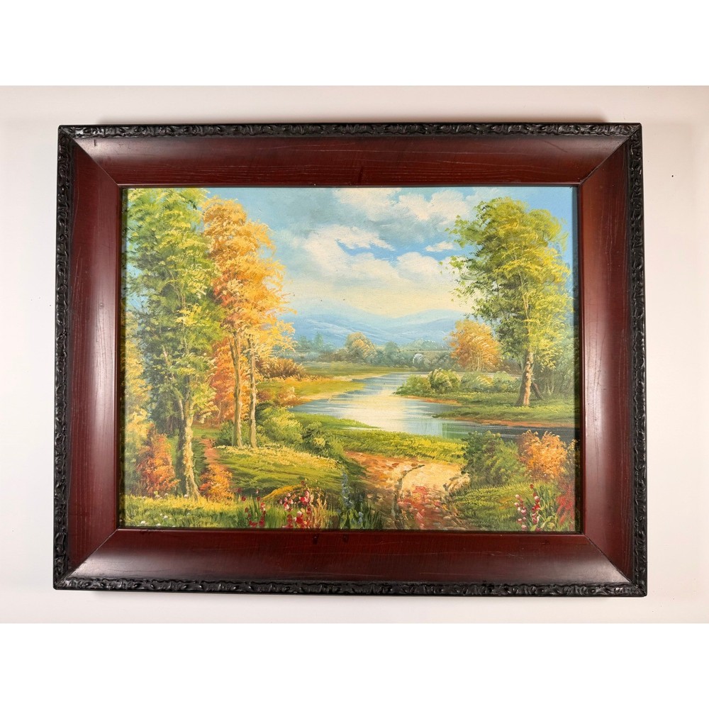 Framed Landscape Oil Painting Autumn Trees River Scenic Art Home Decor