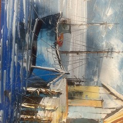 Original Coastal Harbor Painting on Board – Palette Knife Seascape 10×8”