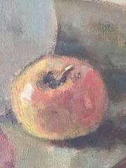 Vintage 1960’s Moody Still Life Oil Painting Apples & Pears on a Farmhouse Table