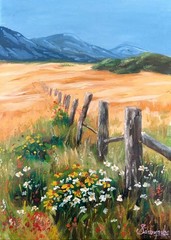 Original Oil Painting Landscape Wildflowers Rustic Fence Impressionist 18 x 25cm