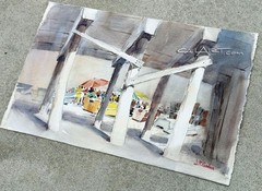 Vintage DORY FISHING FLEET MARKET NEWPORT, CaLiFoRnia 1960s Regionalist Painting