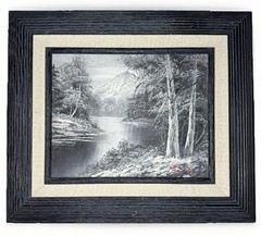 G Whitman Signed Original Oil Painting Landscape Black Gray White Framed 13×15