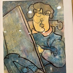 J. Lang Modernist Line Drawing Portrait, Framed Abstract Painter Artist Signed