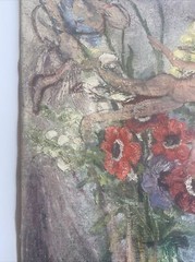 Antique Painting Burliuk Or Chagall Style Era Unsigned Surreal Nude Floral Large