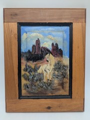 Original Hand-Painted Wild Horse Oil on Vintage Cabinet Door Rustic Southwest