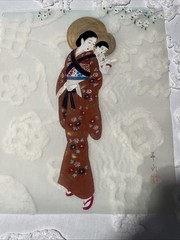 Japanese Signed Art Vintage Hand Painted on Silk Geisha Woman and Child 15×13 S