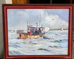 Vintage Original Oil Painting Fishing Boat on Choppy Waters Signed Framed 2005
