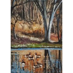 YARY DLUHOS Landscape Lake Nature Trees Canada Geese Original Art Oil Painting