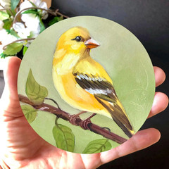 Original Oil Painting Bird Art on Round Wood Panel Miniature Nature Decor
