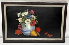 Vintage Original Folk Art Still Life Oil Painting on Wood Board Framed 19.5×12.5